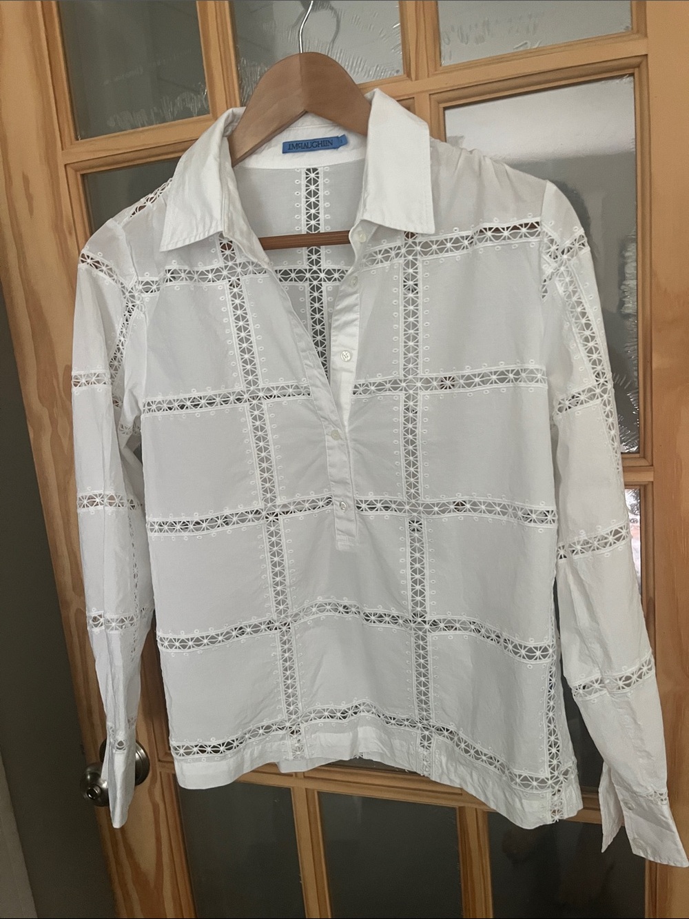 J.McLaughlin White Eyelet Blouse popover button down blouse cotton oversized EUC - Picture 7 of 7